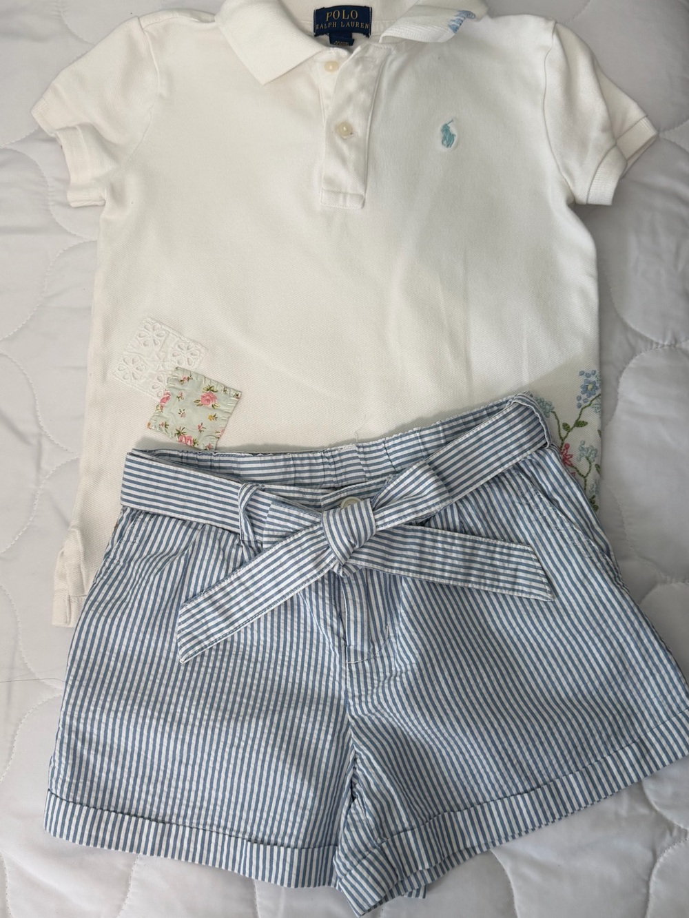 Polo by Ralph Lauren White Polo with Blue-Striped Belted Shorts